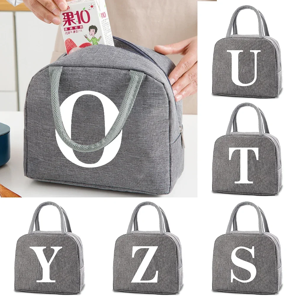 White Print Lunch Bags School Cooler Dinner Bag Letter O Printed Canvas Tote Pack Thermal for Women Lunch Box Bag Picnic Handbag