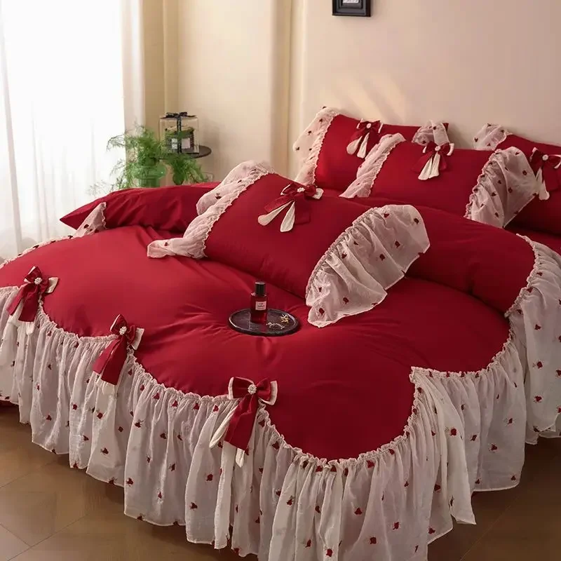 Red Luxury Princess Wedding Style Lace Ruffle Bow Egyptian Cotton Bedding Set Duvet Cover Flat/Fitted Bed Sheet Pillowcases 4Pcs