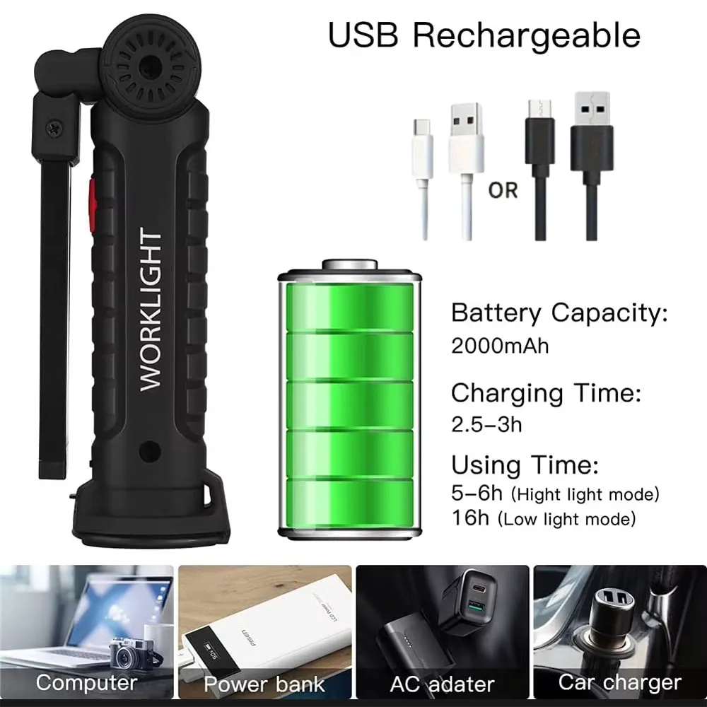 Portable COB High Power LED Flashlight USB Rechargeable Camping Lamp Torch Car Repairing Work Light Hanging Hook Magnet 5 Modes