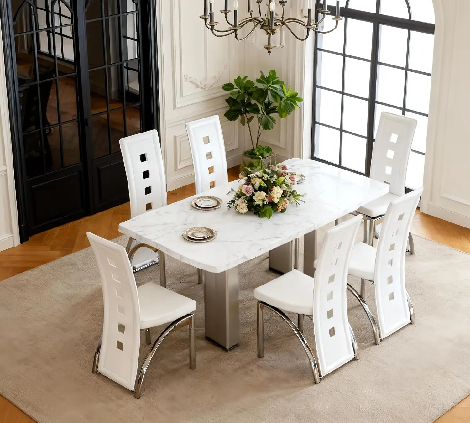 Modern Dining Chairs Set of 6, White Dining Room Chairs Set of 6, Upholstered PU Leather Kitchen Chair with Silver, Customized