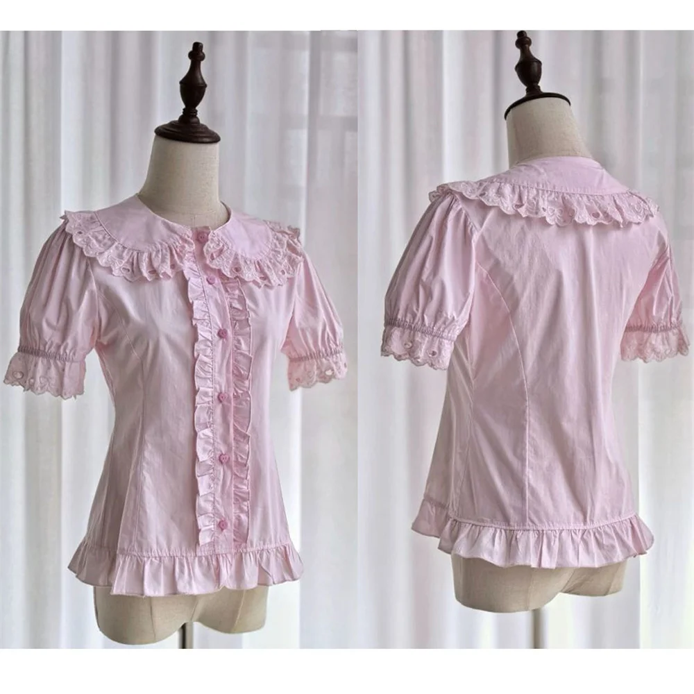 

Женские милые пышные рубашки с короткими рукавами в японском стиле Kawaii Lolita, милые кружевные рубашки с оборками для девочек, тонкие блузки Y2k, одежда, топы, Blusas Mujer