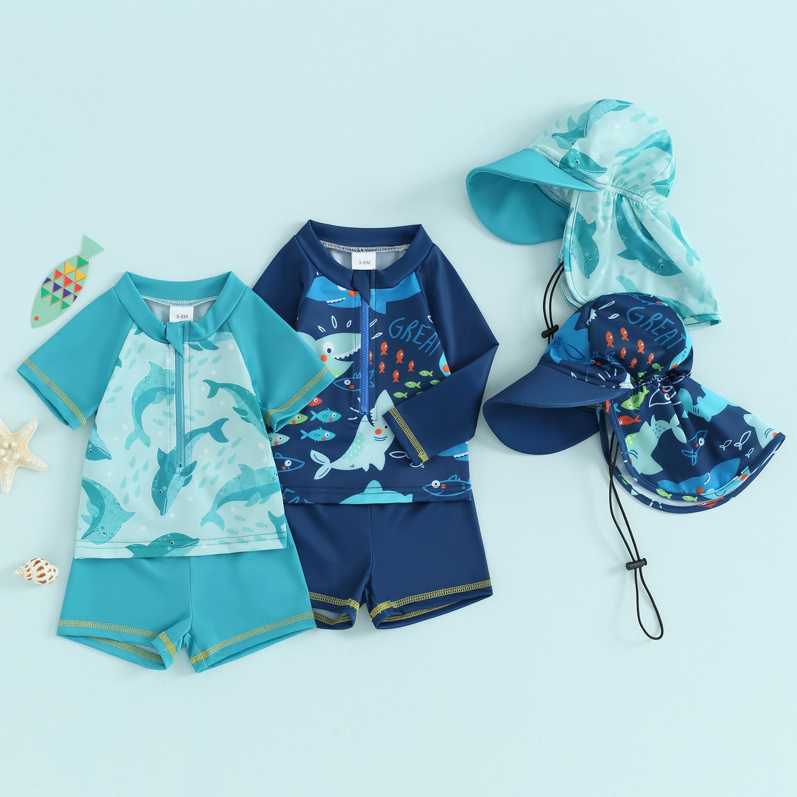 

Baby Kids Boys Rash Guard Set Short Sleeve Shark Dolphin Print Top with Shorts Hat Swimsuit Summer Swimwear