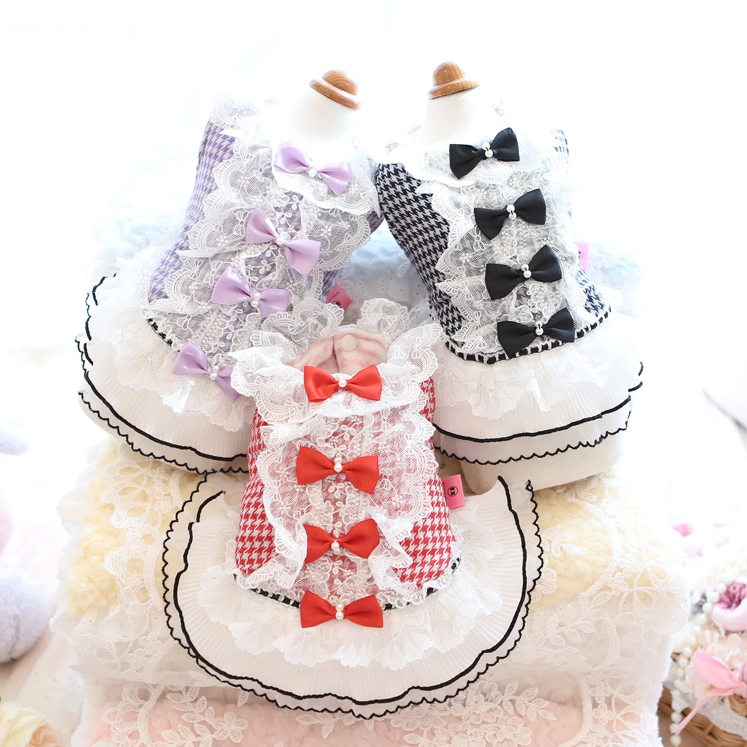 Princess  Winter Clothes for Small Dogs Lace Houndstooth  Fleece Bows Decor Ruffle Layer Party Costume