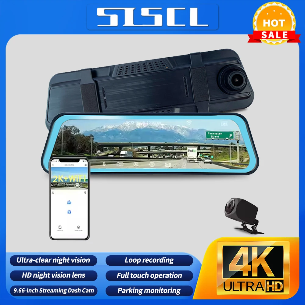

Car Dvr 9.66 Inch Touch Screen Stream Rear View Dash Cam Mirror Dual Camera Drive Recorder Carplay Android Auto Bluetooth