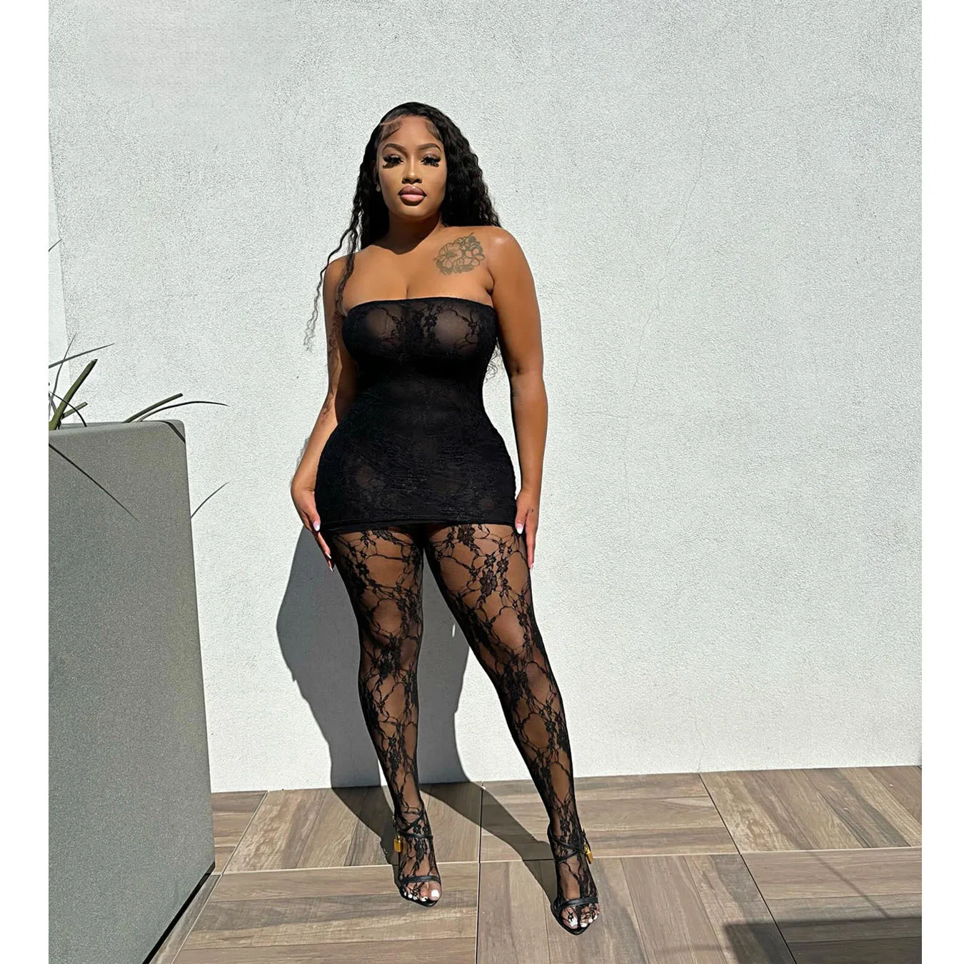 

Women's New Sexy Lace Chest Wrap Dress Close To The Body With Stockings Set