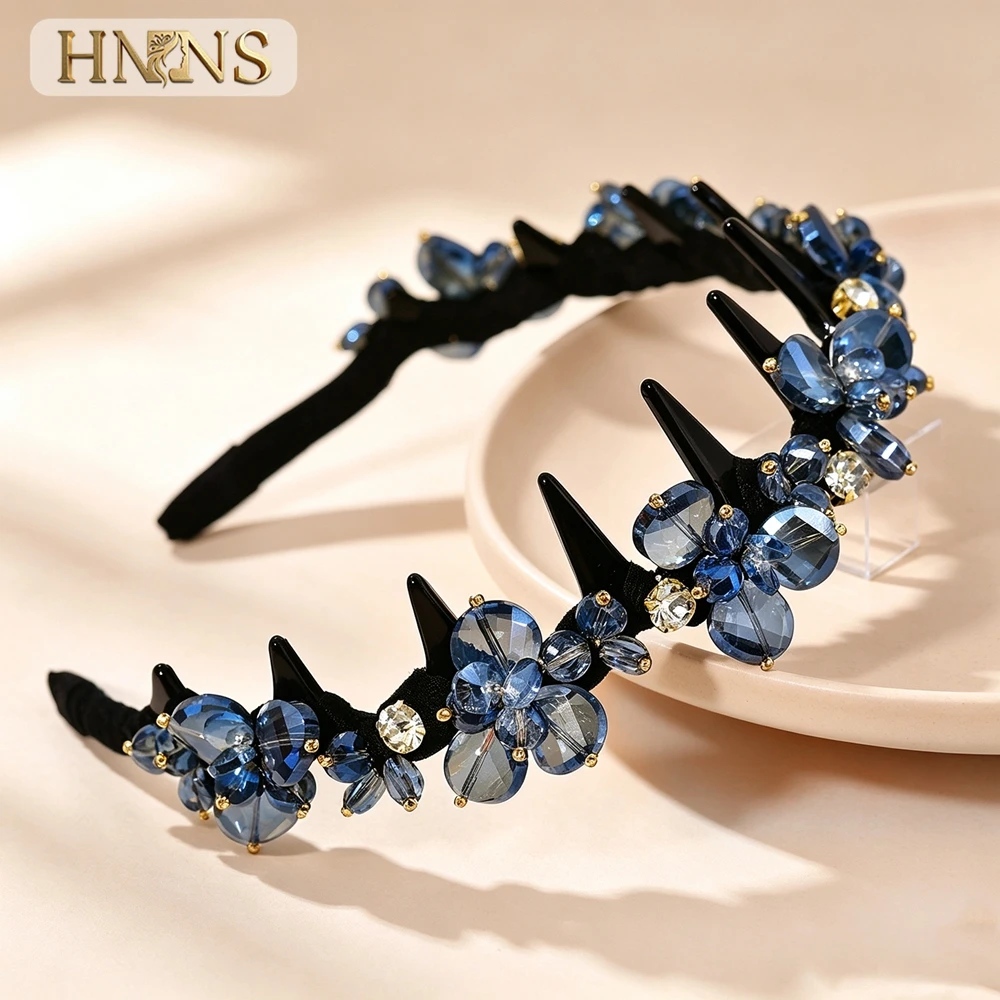 HNYYX Blue Crystal Bridal Headband Handmade Rhinestone with Bridal Headpiece for Wedding Evening Party Hairstyle Decor A446