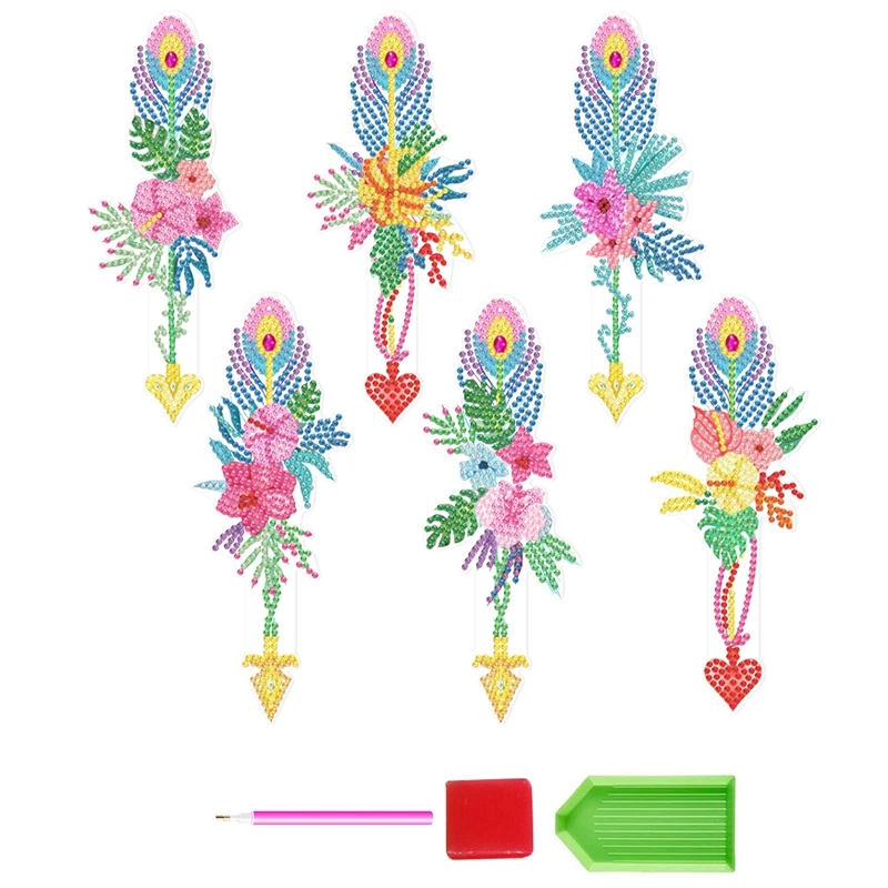 6 Pcs Diamond Paint Bookmarks Kit Art 5D DIY Feather Rhinestones Bookmark For Adults Kids Bookmarks For Craft School