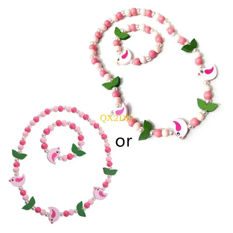 

QX2D 1 Set Kids Mix Color Wooden Beads Necklace Bracelet Girls Princess Jewelry Children's Day Gifts