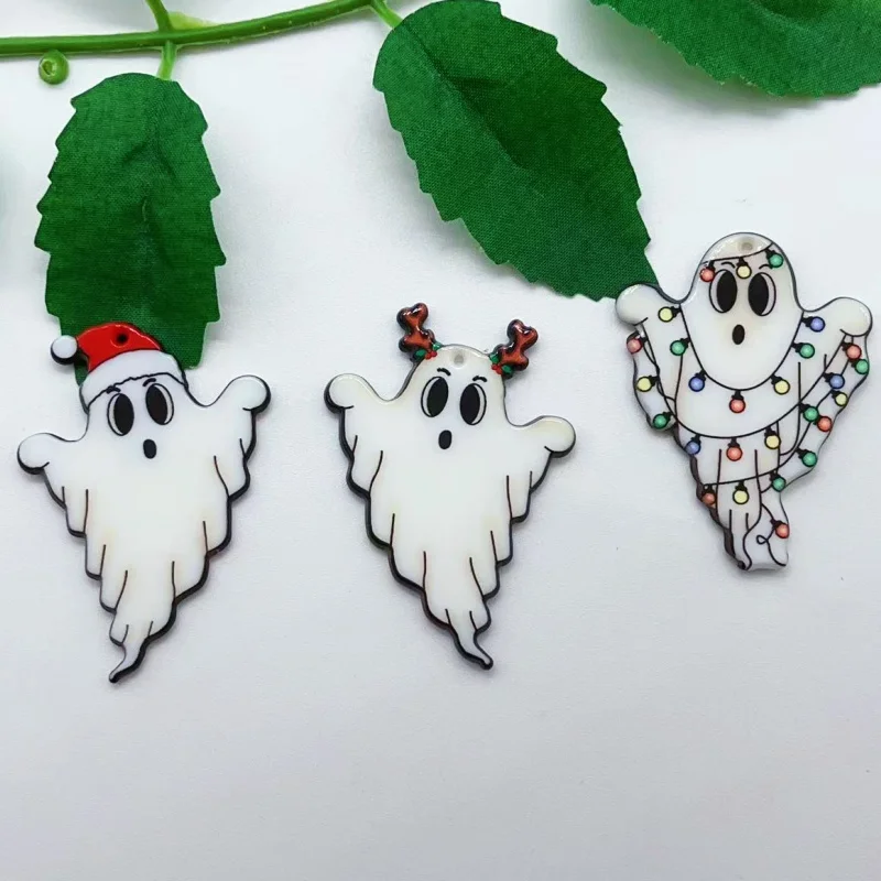 10pcs Christmas Ghost Acrylic Charms Cute Double Sides Dress Up Epoxy Pendant Flat Back Planar For Earring DIY Making Accessorie