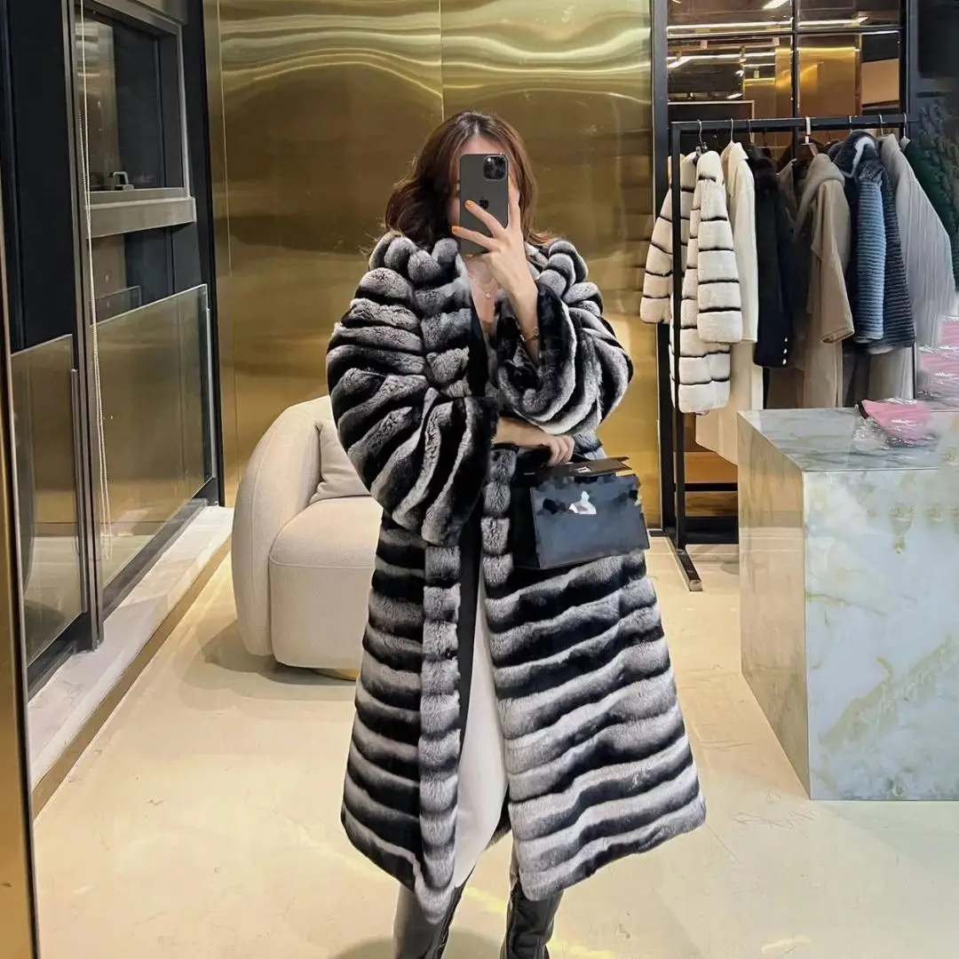 Women's Real Rex Rabbit Fur Long Coat Chinchilla Hooded Jacket Female Winter Luxury Genuine Fur Thick Overcoat