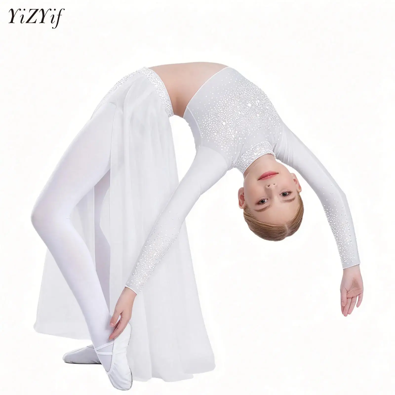 Girls Lyrical Modern Dance Outfit Ballet Acrobatic Gymnastic Dancewear Crop Top+Maxi Skirt Shiny Rhinestone Performance 2Pcs/Set