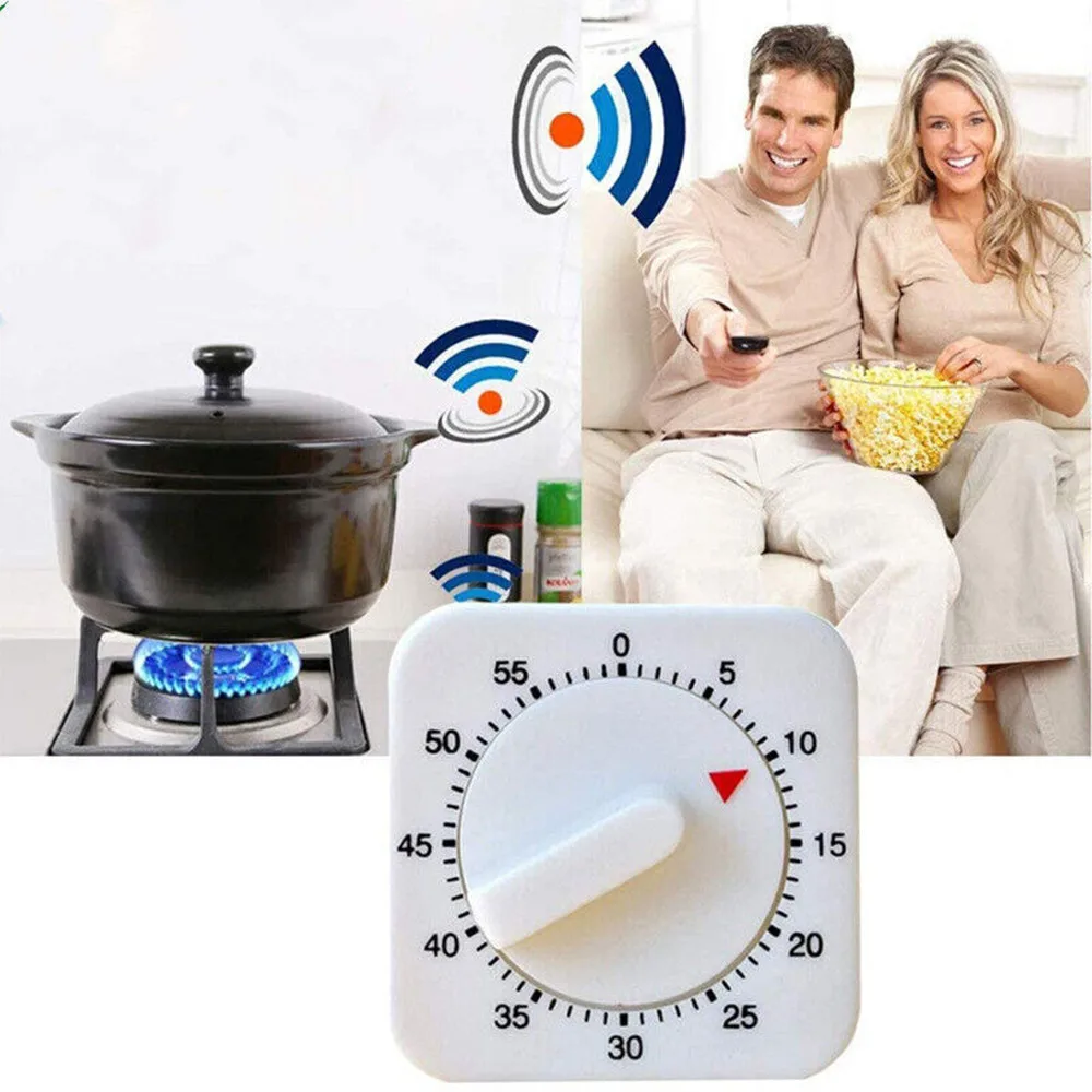 Practical 60 Minutes Kitchen Timer Cooking Tools White Square Mechanical Timer Countdown Alarm Reminder