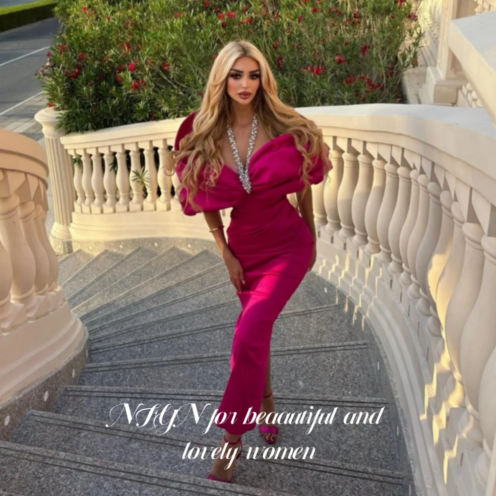 

NFYN Fuchsia Elegant Pleat Prom Gown Off the Shoulder Sequins Prom Gown Mermaid Chic Woman Evening Dresses حزب فساتين Customized