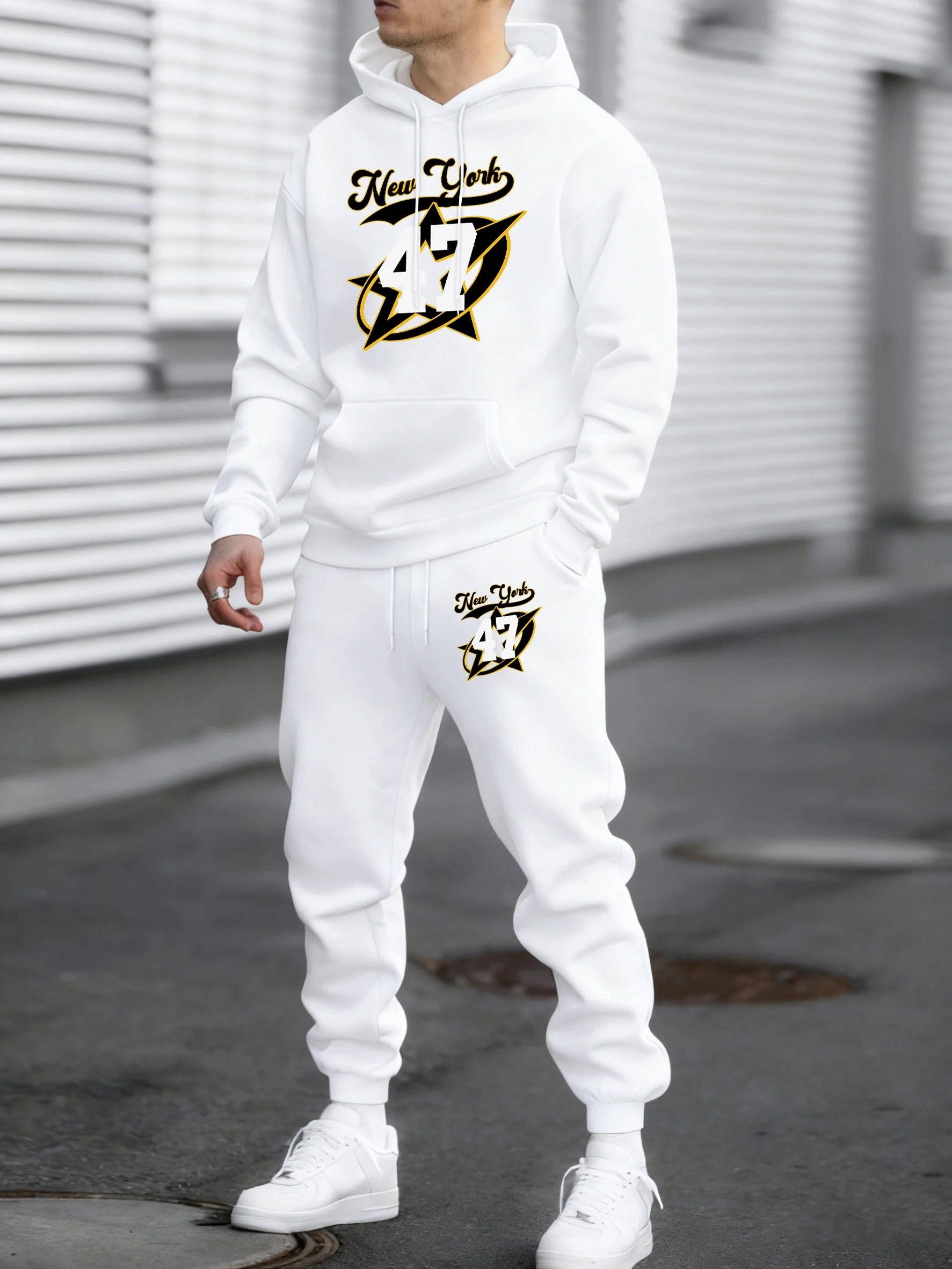 

New York Star Number 47 Printing Autumn Winter Fleece Man Sweatshirt Long Pants Sets Warm O Neck Sweatpant Casual Daily Hoodie