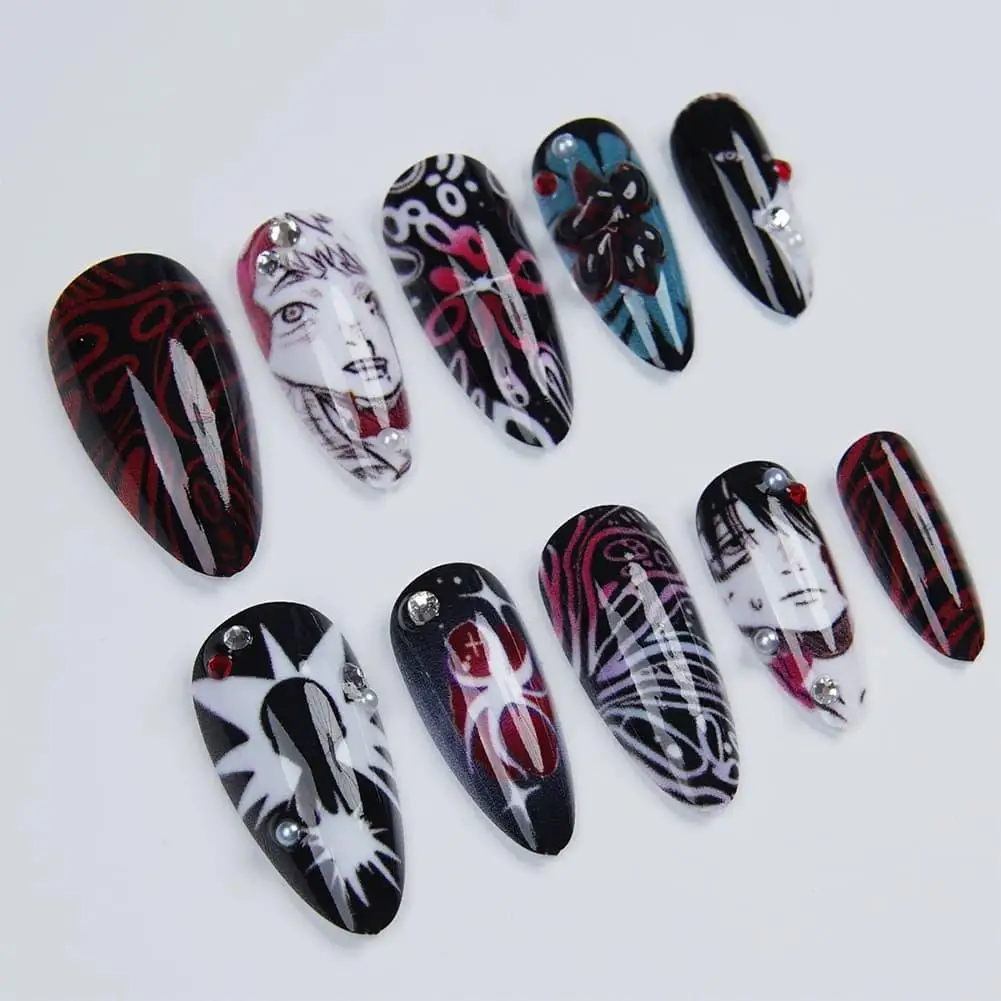 Wearable Exquisite Pearl Nail Art Set With Tools Detachable Almond Shape Nail Gothic Comics Dark Wind Flashing Diamond Nail Art