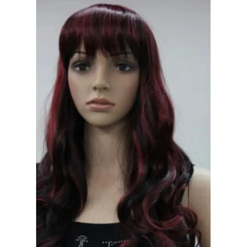 WIG LL<<< 00665 Bla   Burgundy Mixed Long Wavy Women Ladies Daily wig Bangs