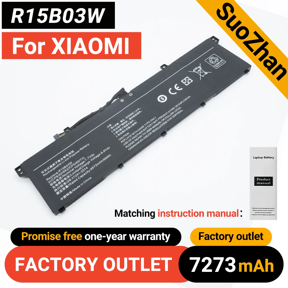 

SUOZHAN R15B03W Laptop Battery For Xiaomi Pro 15 2021 OLED XMA2009-AL XMA2009-DB XMA2009-FJ XMA2009-EJ XMA2009-AJ 7.7V 66Wh