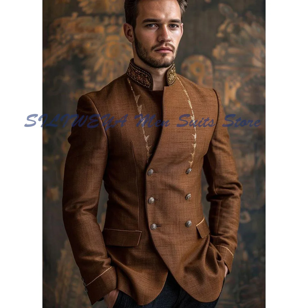 

Brown Men Suits 2 Pieces Jacket Pants Stand-up Collar Double Breasted Embroidery Stylish Prom Party Male Clothing Luxury