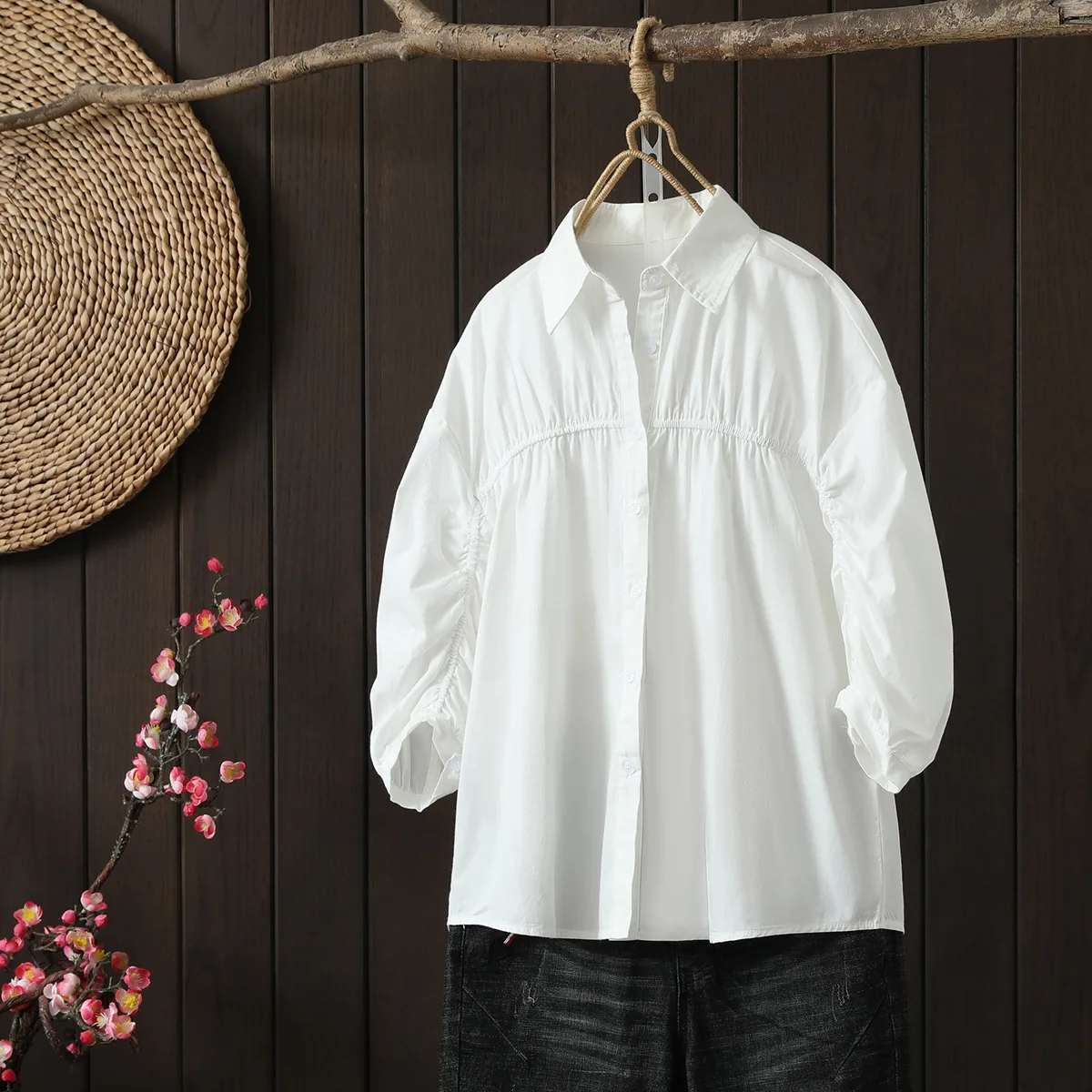 New Spring Summer Cotton Shirts Female Striped Tops Turn Down Collar Button Elastic 3/4 Sleeve Loose Blouse Summer 2023 T35436M