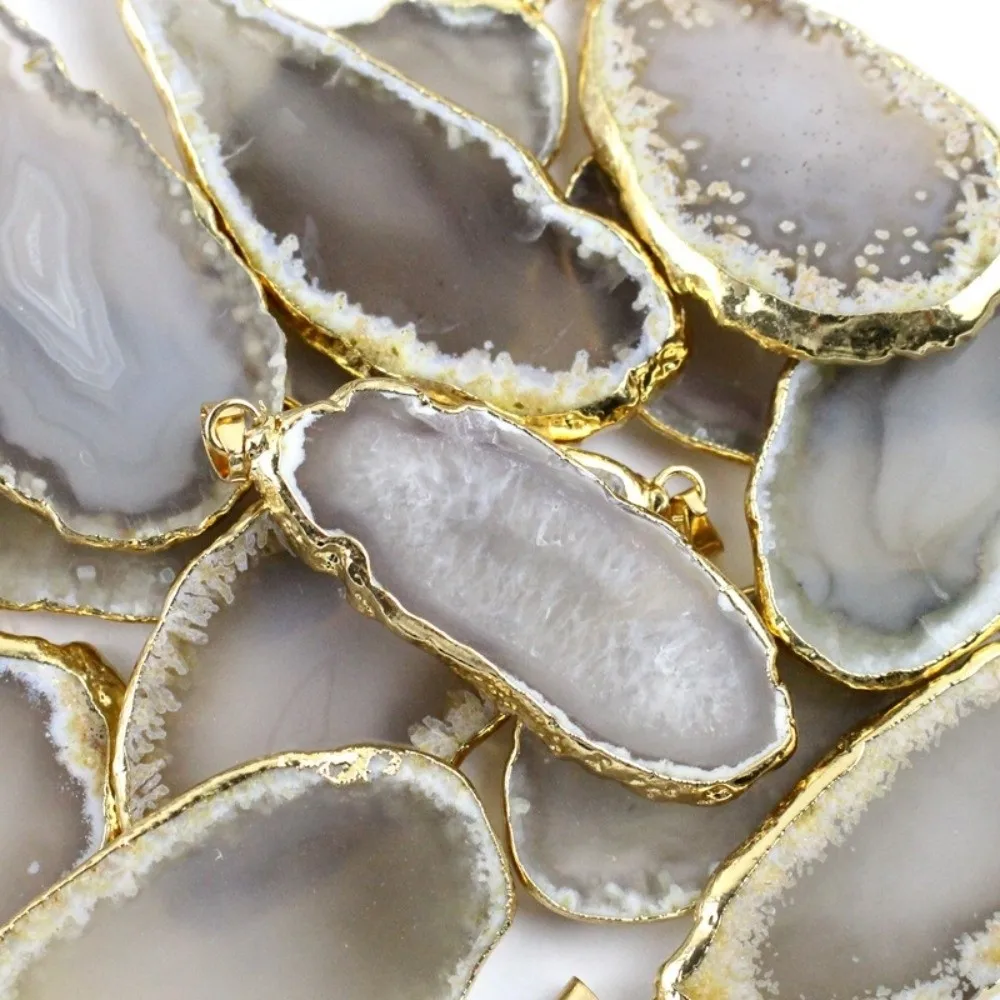 60*40mm Irregular Agate Geode Handmade Druzy Agate Pendant Plated Gold Edged DIY Jewelry Making Polished Crystal Slice