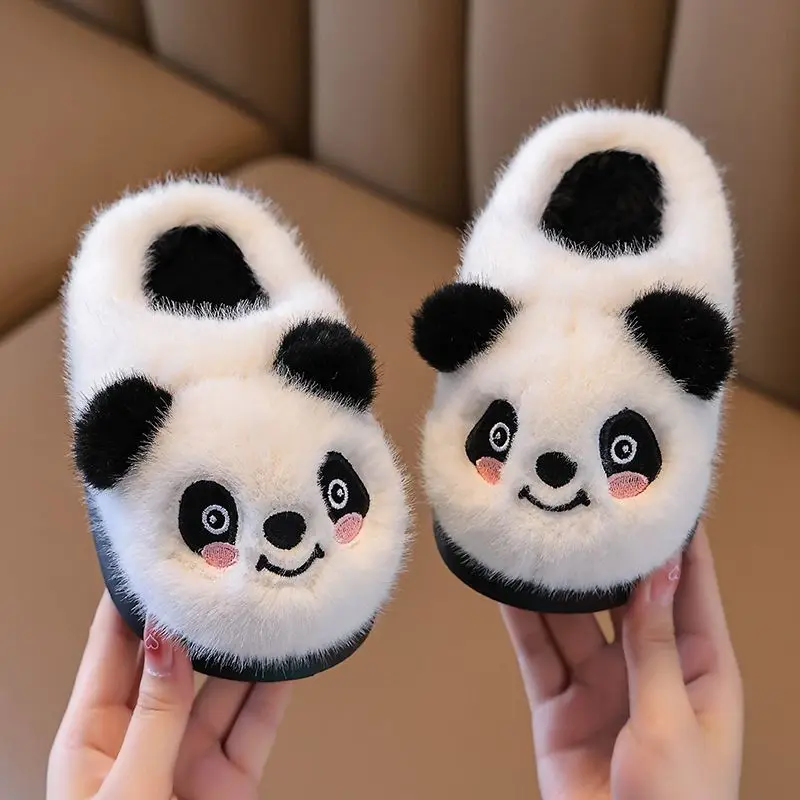 Parent kid panda slippers 2024 new winter fuzzy slip on shoes child indoor fluffy animal deisgn slipper baby girl boy fur slides