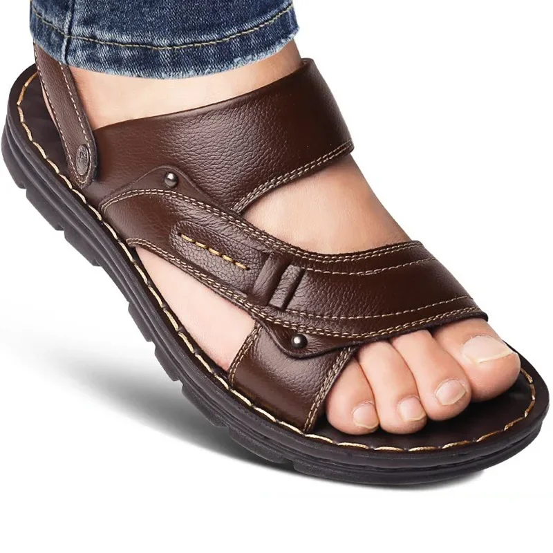 2021Men's Summer New Leather Sandals Men's Casual Beach Shoes Non-slip Slippers Two Sandals Men Sandals Leather Men Sandal Shoes