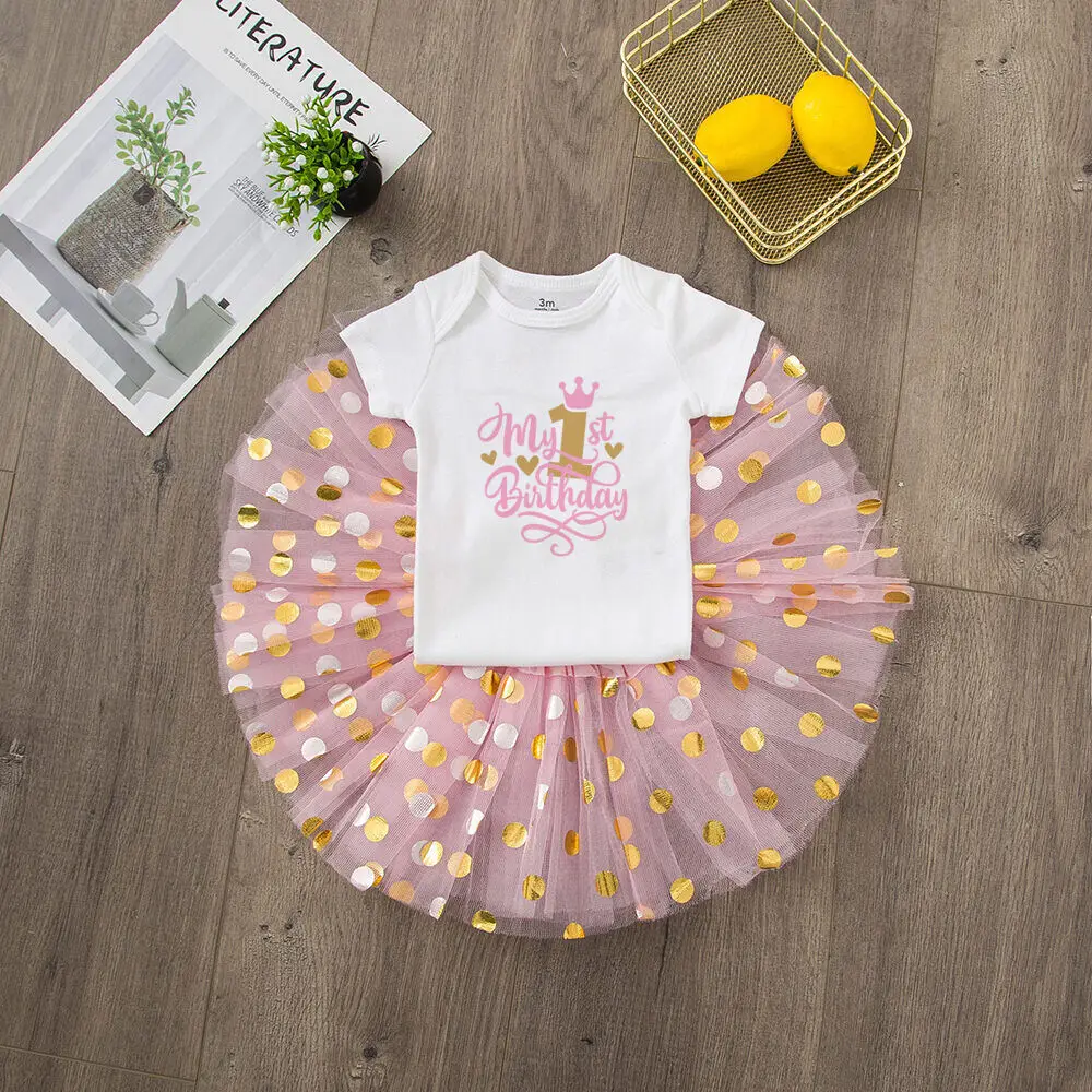 My 1st Birthday Baby Girl Dress Set Infant Birthday Party Pink Tutu Cake Dresses + Romper Outfits Girls Summer Clothes Jumpsuit