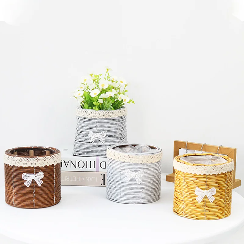 Imitation Rattan Flower Pot Woven Countryside Flower Art Flower Arrangement Pot Succulent Storage Container Home Storage Basket