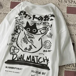 Summer Harajuku Kawaii Cat Printed Short Sleeve Tee Men Women Cartoon T-Shirts Couple Streetwear Loose Oversized Clothes Y2K Top