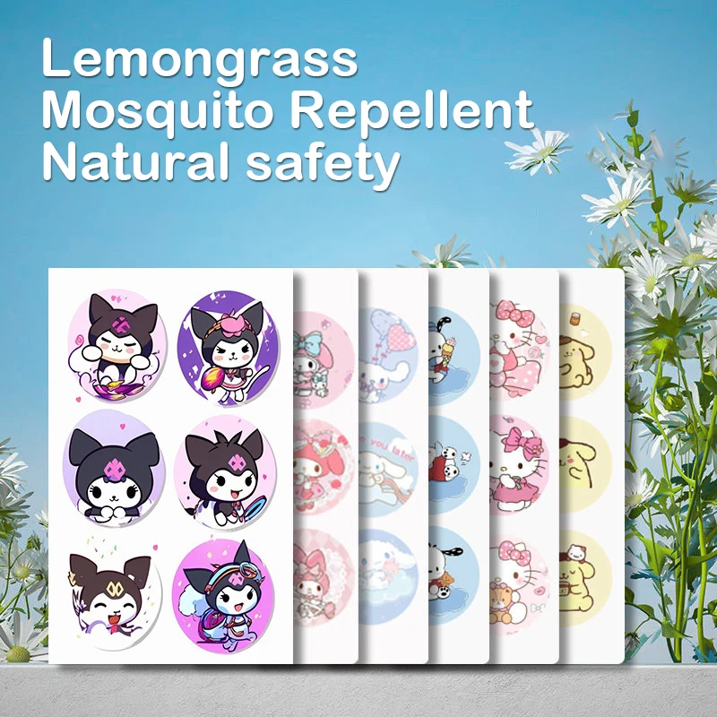 36Pcs Cartoon Kuromi Cinnamoroll Melody Kt Cat Anti-Mosquito Stickers Portable Print Childrens Natural Plant Essential Oils