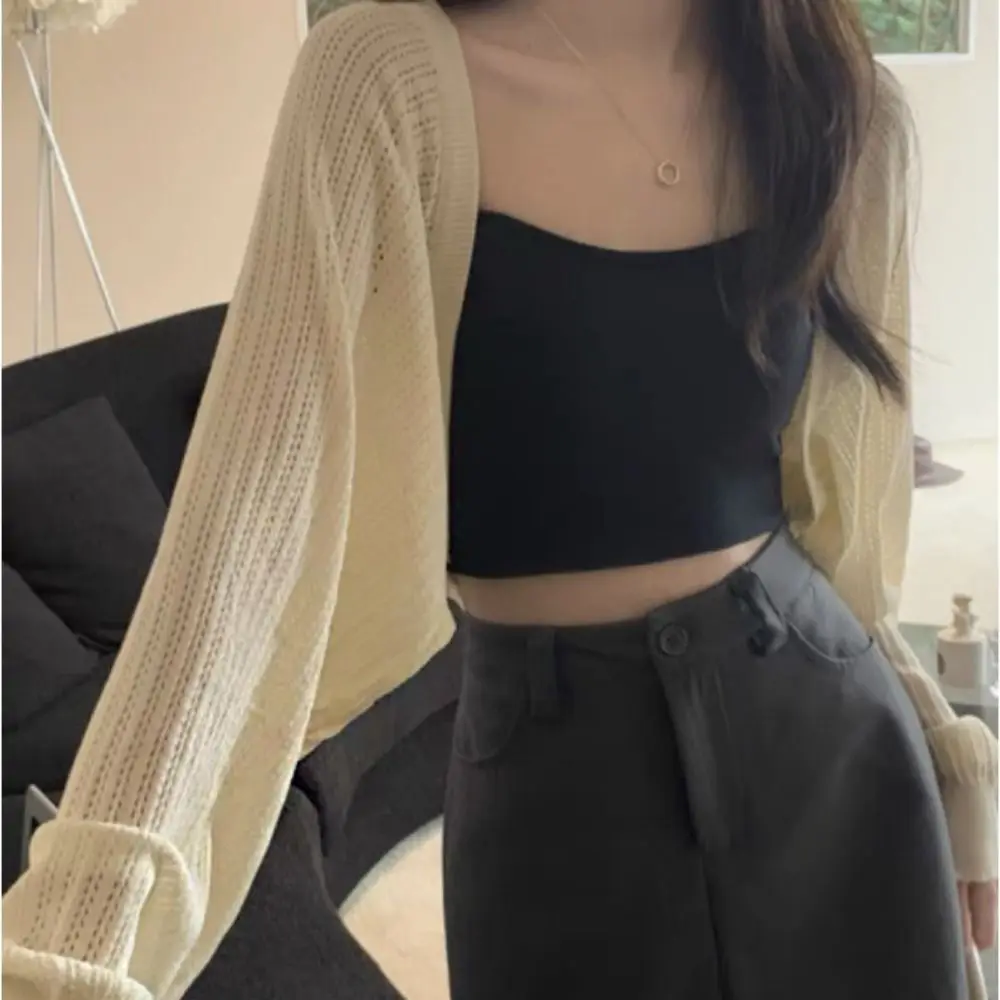 Simple Hollow Knitted Shawl Thin Long Sleeves Knitted Crochet Top Scarf Accessories Loose Knit Cardigan Female