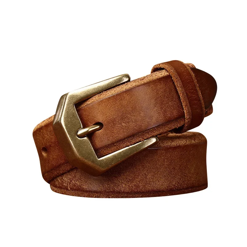 3.8CM rugged domineering thickened extra thick leather top layer cowhide leather belt  men's copper buckle raw edge wool botto