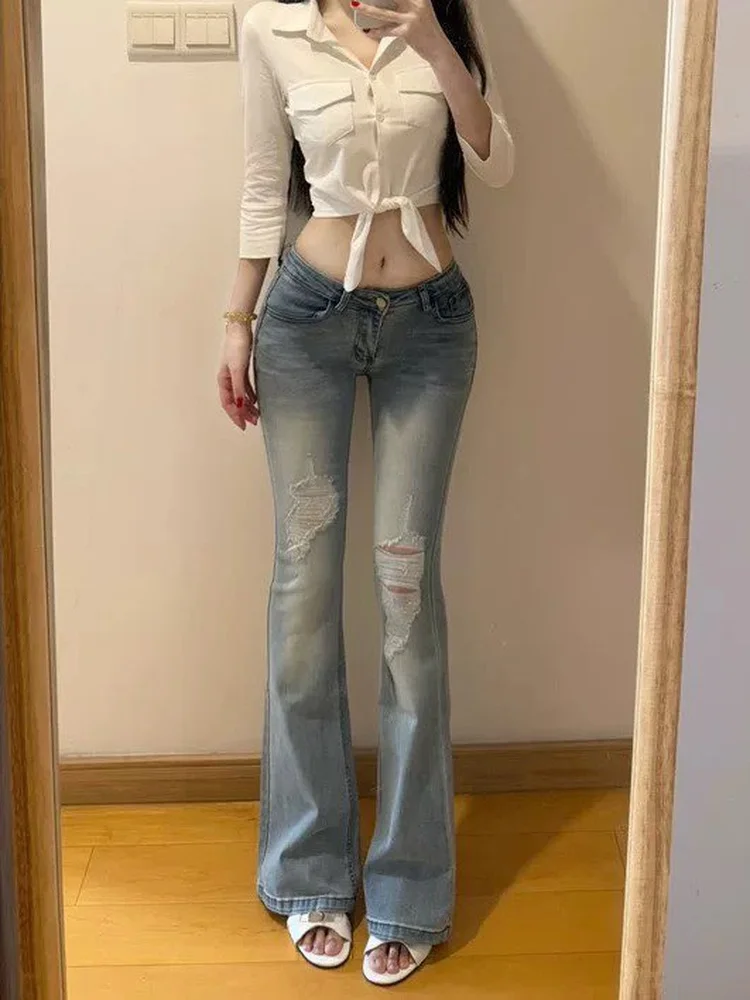 

Low Waist Distred Denim Jeans Women's Uneven Waed Cotton Stretch High Elastici Light Mature Sle Guse Micro Flared Pants