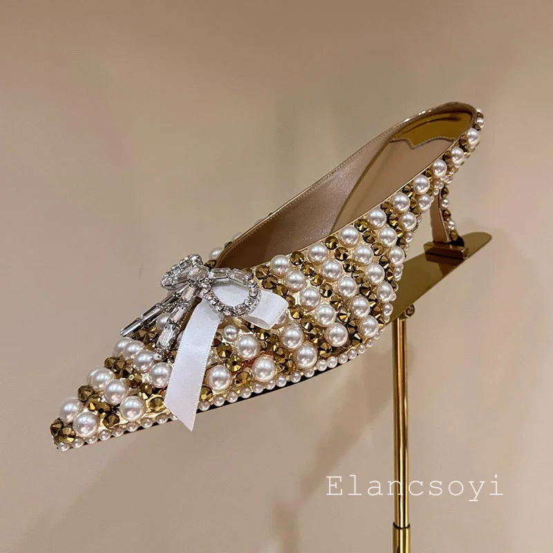 Women's pearl rhinestone decorated high-heeled sandals pointed heavy-duty office commuting high-heeled slippers summer 2026 new