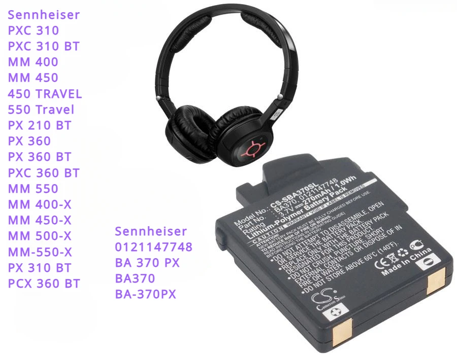 

Аккумулятор Cameron Sino 270 мАч BA370 для Sennheiser 450 ,550 , MM400, PX210BT, PX360, 360BT, PXC310