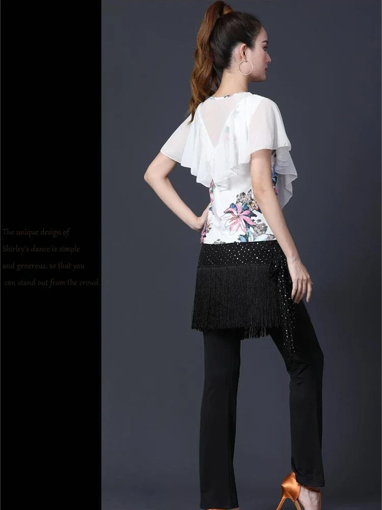 New Ruffled Latin Dance Costume Women Printed Square Dance Tops Women Ballroom Dance Clothes Performance Practice Clothes