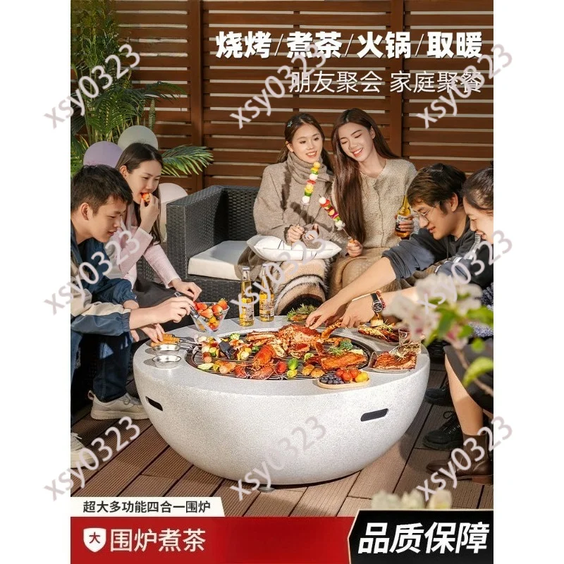 Round Metal Fire Pit Table, Large Fire Bowl for Outdoor BBQ Tea Party & Gathering