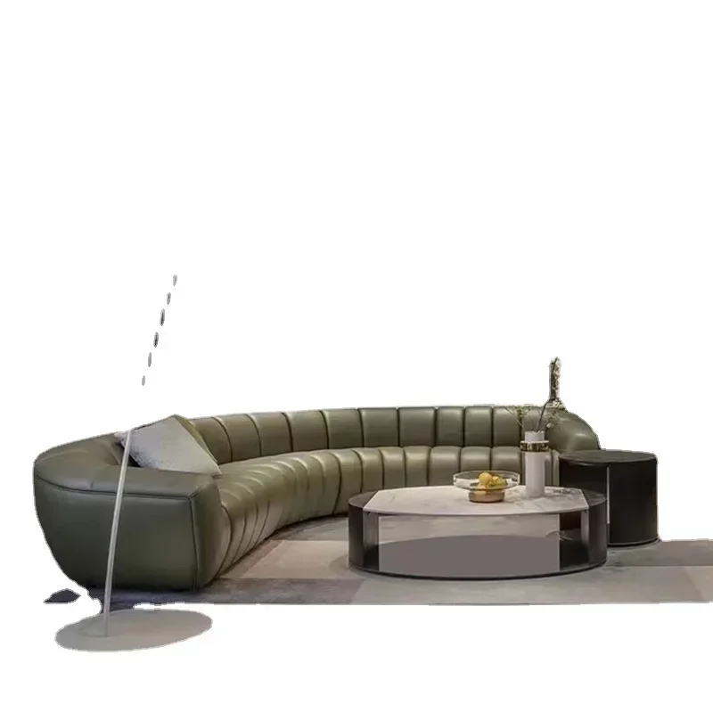 Italian Minimalist Living Room Curved Sofa, Microfiber Leather Floor Standing Olive Green Sofa
