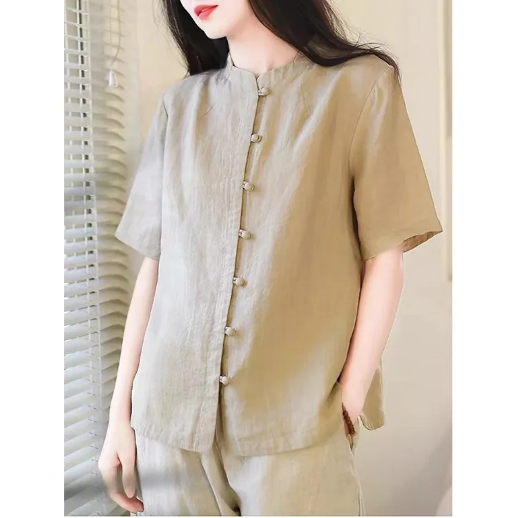 

plus Size Women's Shirt Summer New Style Loose Short Sleeve Fashion Outerwear Top Button up Cotton Linen Material Regular Fit