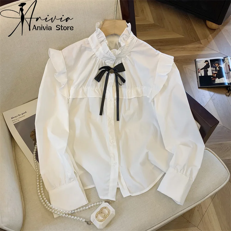 

Women's French Elegant High Neck Long Chiffon Shirt Bow Fashion Casual Korean Retro Loose Office Button Solid White Top 2024 New