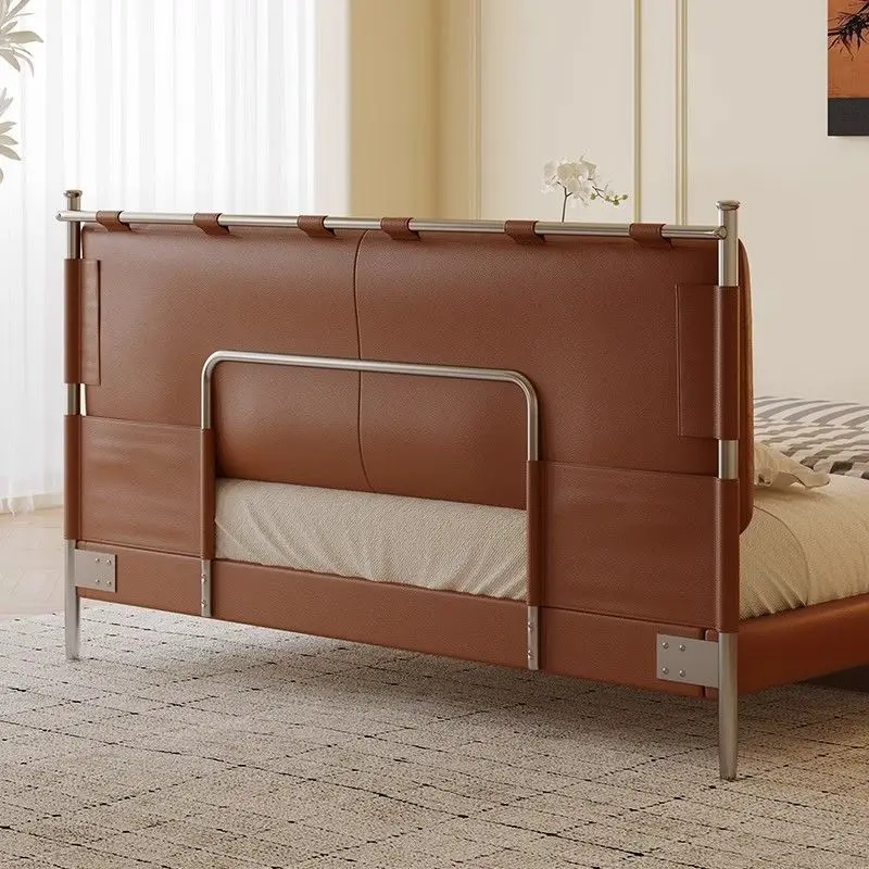 Medieval leather solid wood home Bauhaus, small apartment master bedroom big bed French retro ultra-thin soft bag