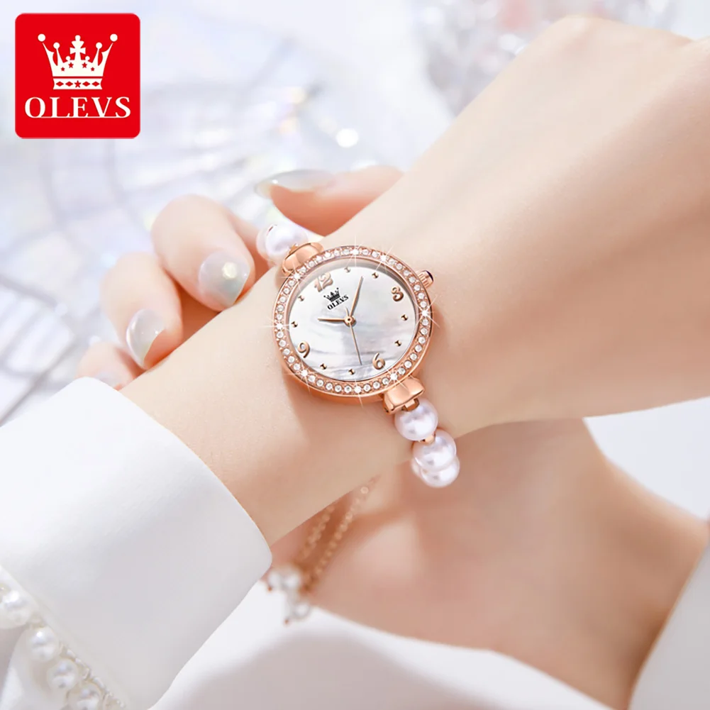 OLEVS 9968 Women\'s Quartz Watches Synthetic Pearl Watchband Elegant Luxury Diamond Bezel Design 30m Waterproof Ladies Wristwatch