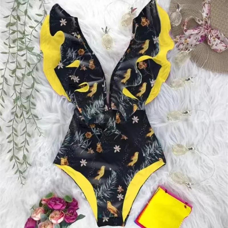 2024 New Arrival Ruffle Swimwear V-Neck Shoulder One Piece Swimsuit Women Floral Printed Tropical Summer Beach Bathing Suit