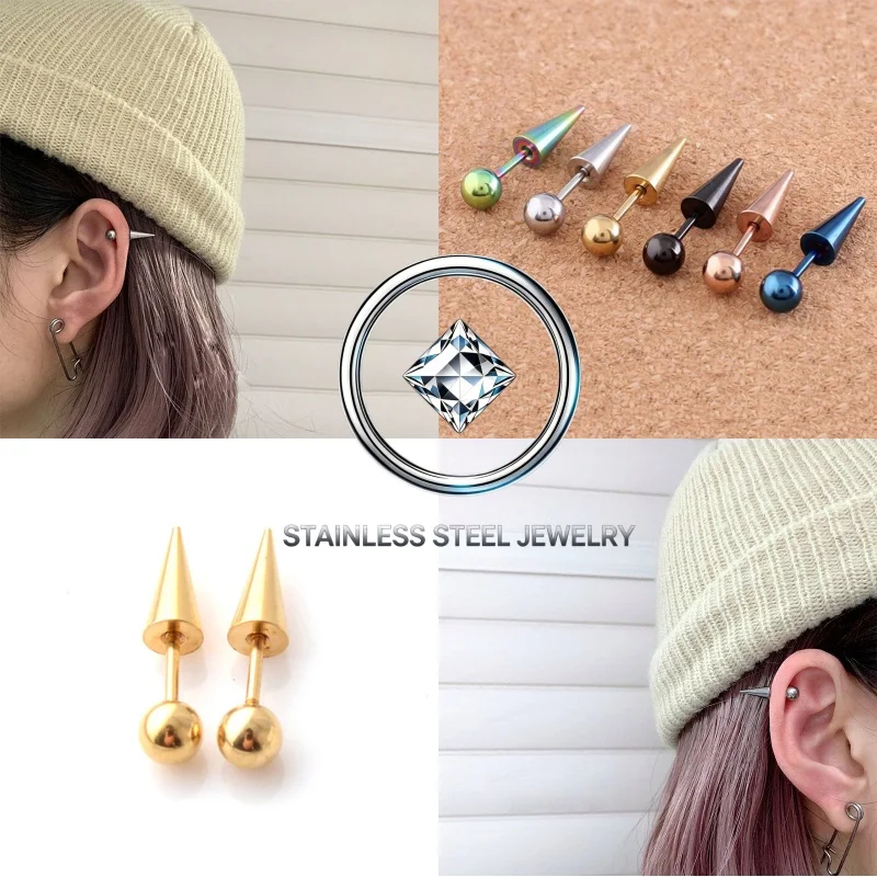 3 Colors Screw-back Pointed Cone Shape Stainless Steel Men Stud Earrings Black Ball Brief Style IP Plated No Fade Allergy Free