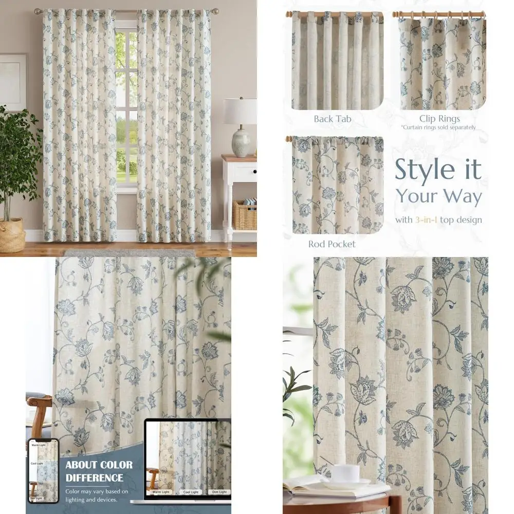 Blumen-Leinenvorhänge, 84 Länge, Lichtfilterung, Rutentasche und Rückenlehne, 2er-Set mit blauen Paneelen für Wohnzimmer und Schlafzimmer