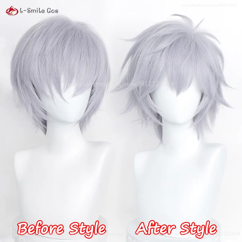 EVA Kaworu Nagisa Cosplay Wig 32cm Short Purple Gray Fluffy Anime Wigs Heat Resistant Synthetic Hair + Wig Cap