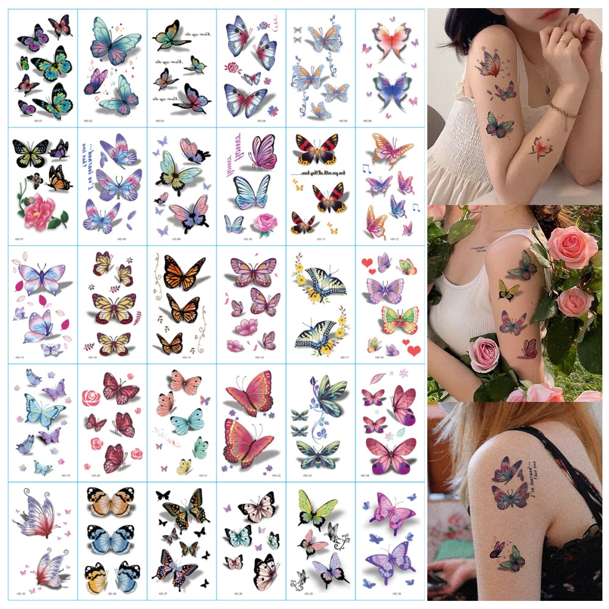 

30pcs 3D Butterfly Temporary Tattoo Stickers for Girls Waterproof Lasting Colorful Butterfly Arm Wrist Chest Body Fake Tattoo