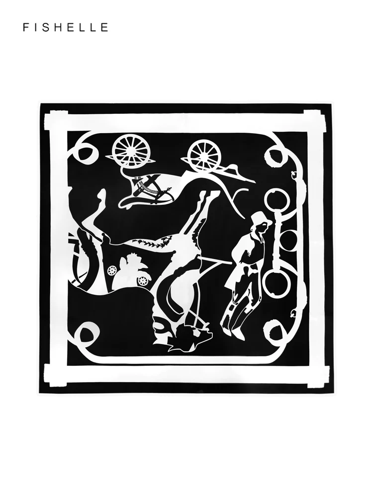 Black white carriage 100% natural silk scarf women luxury shawl real silk 90*90 square ladies hijab scarves spring autumn