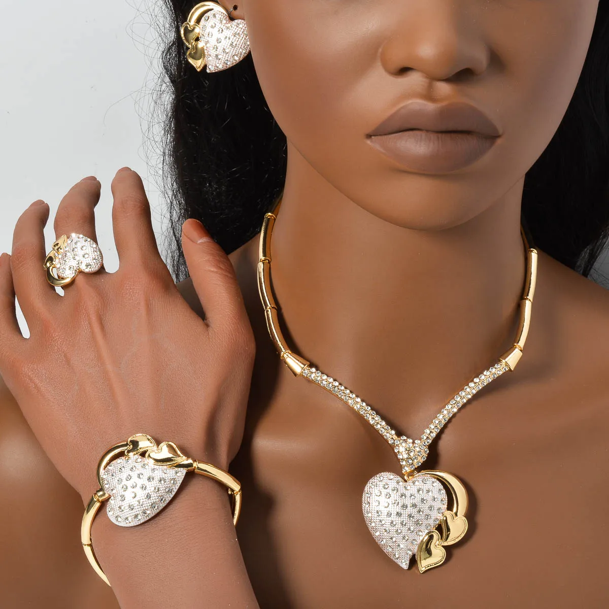 ZEADear Gold Color Bangle on Hand Luxury Sets Heart Necklace Earrings Ring Jewelry Engagement Anniversary Gift for Women