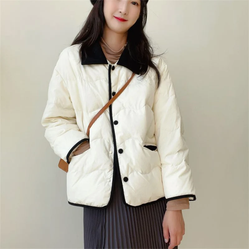 겨울 여성 느슨한 코튼 자켓 여성 새로운 대비 색 패치 워크 옷깃 자켓 한국어 간단한 두꺼운 따뜻한 긴 소매 파카